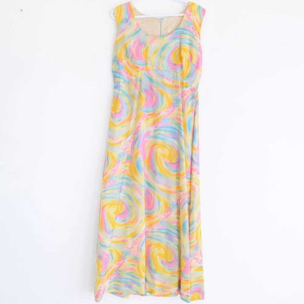 Yellow Teal Pink Tie Dye Sleeveless  Sunset Rainbow Cloud Flowy Maxi Dress M